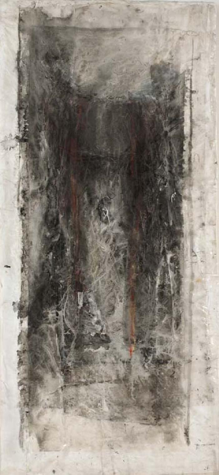 Seuil sombre 2003, Indian and printing ink, acrylic, plastic, Japanese paper, on sheet, mounted on canvas, 160 x 75 cm. 